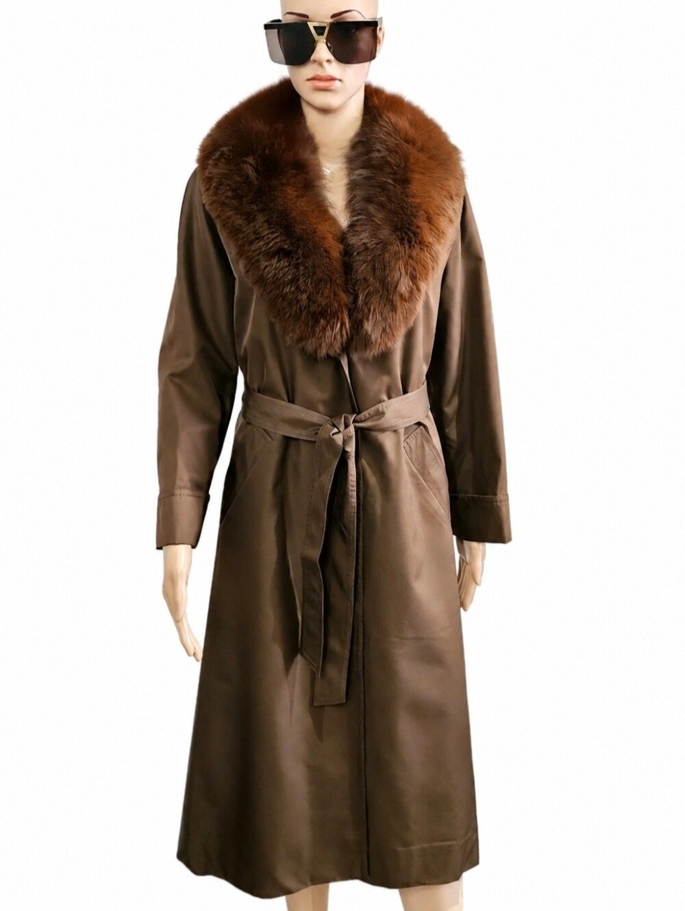 Belle Vogue Brown Belted Silk Long Trench Coat
